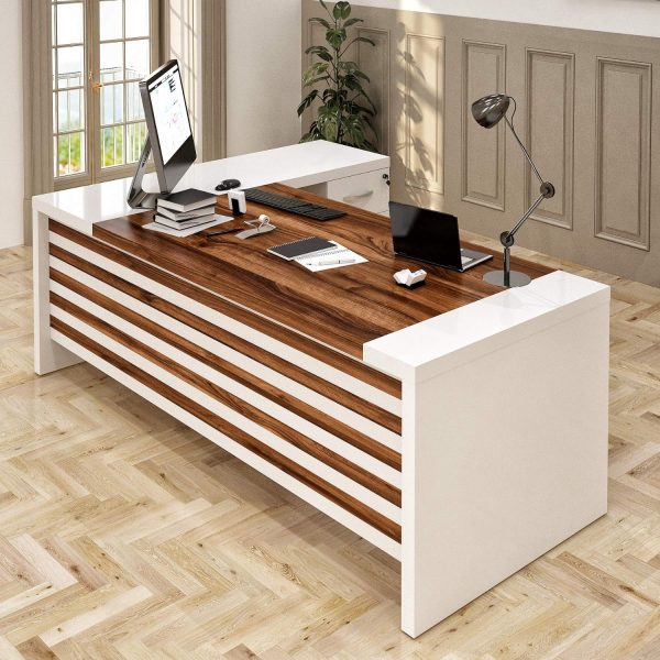 87" Wood Executive Large Desk for Home Office | Executive Right Side L Shaped Corner Desk & File Drawers w/Telescopic Rail | Modern Business Furniture | White & Brown